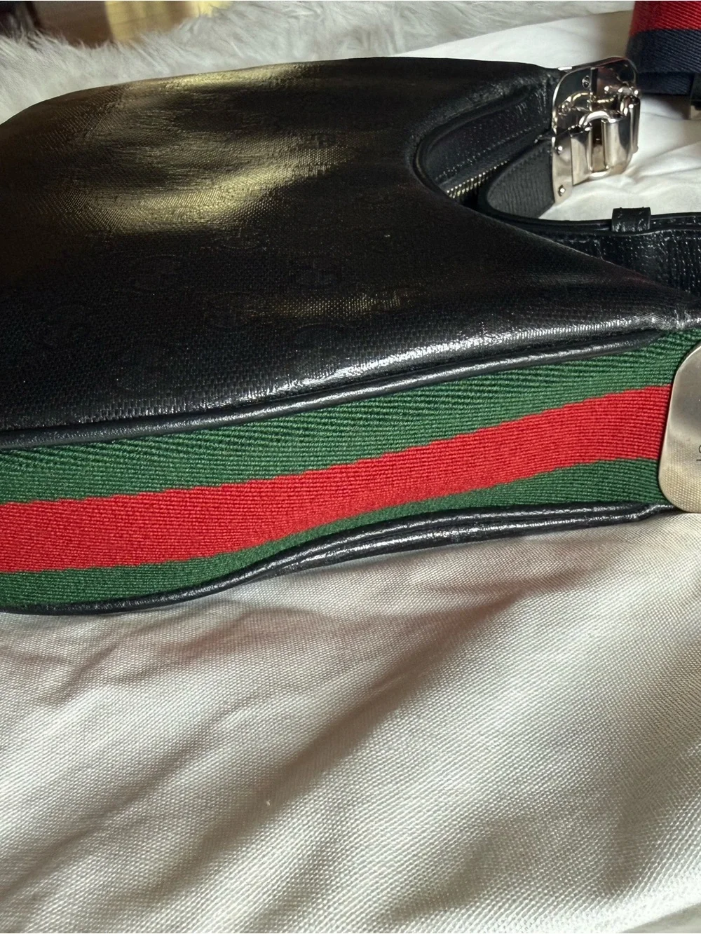 Gucci Black GG Monogram Crescent Shoulder Bag with Red-Blue Web Strap